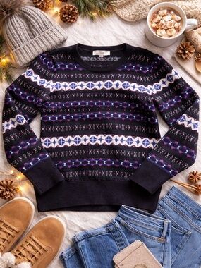 LOFT Fair Isle Sweater NWT Medium Black Cozy Winter Knit